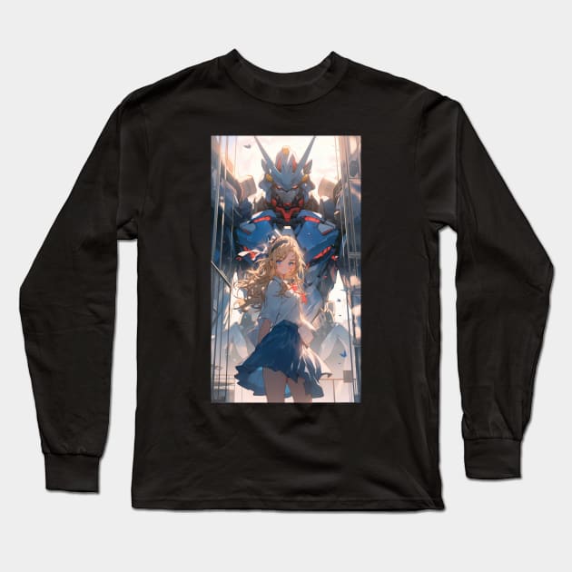 Cute Anime Waifu with her Robot Long Sleeve T-Shirt by A Badger